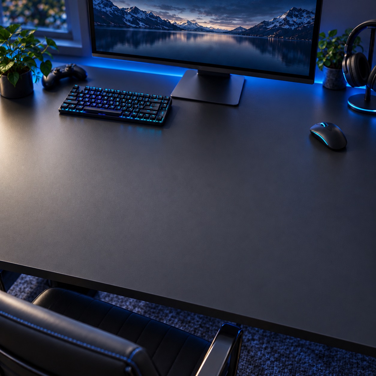 Masculine graphite gaming desk with blue and cyan lighting
